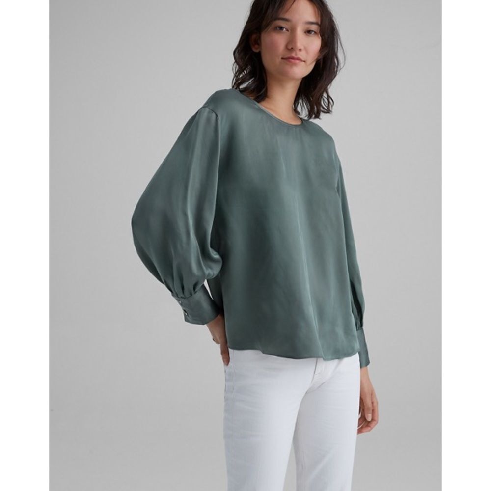 Club Monaco balloon sleeve satin long sleeve top green nwot